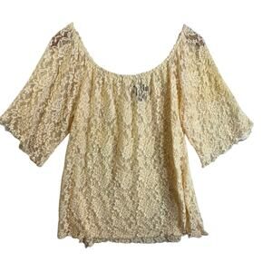 Bobeau Mesh Lace Overlay Sheer Ivory Blouse Top Women's Size Large L